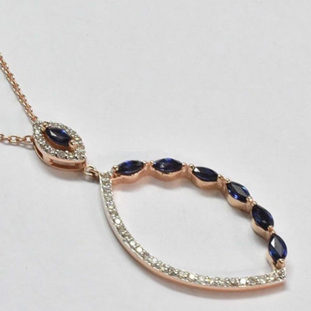 14K gold Natural Blue Sapphire Diamond Necklace Diamond Marquise Blue Sapphire In New Condition For Sale In Bangkok, TH