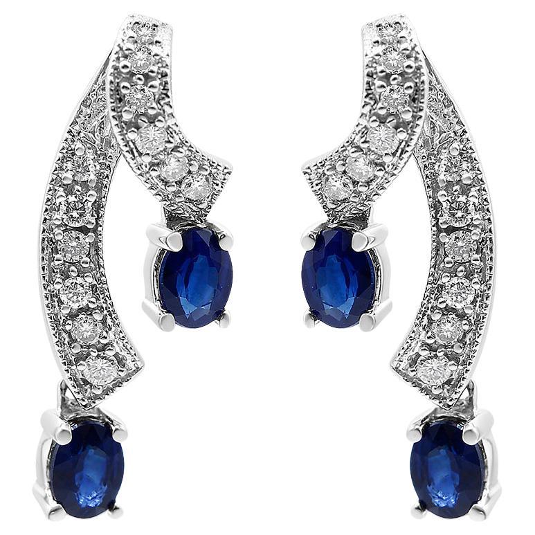 14K Gold Natural Blue Sapphire Gemstone and 1/5 Carat Diamond Drop Stud Earrings