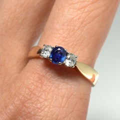 14k Gold Natural Ceylon Blue Sapphire & Diamond Three Stone Trilogy Ring