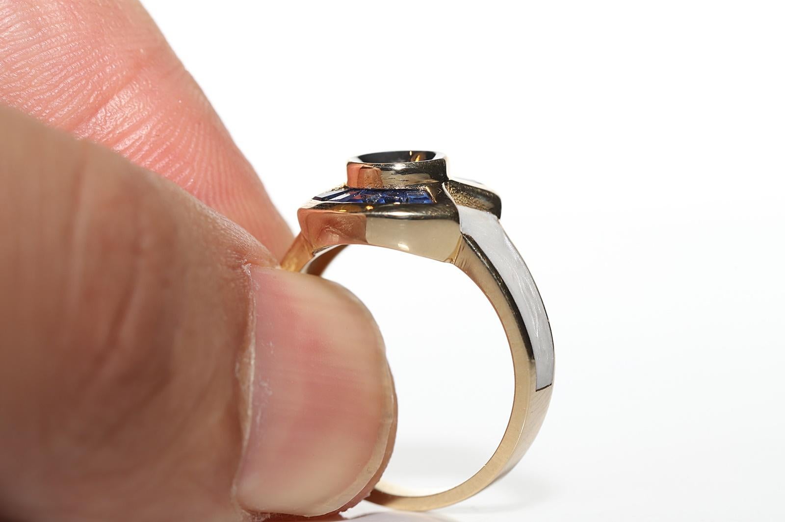 14k Gold Natural Diamond And Caliber Sapphire Decorated Enamel Ring in vendita 5