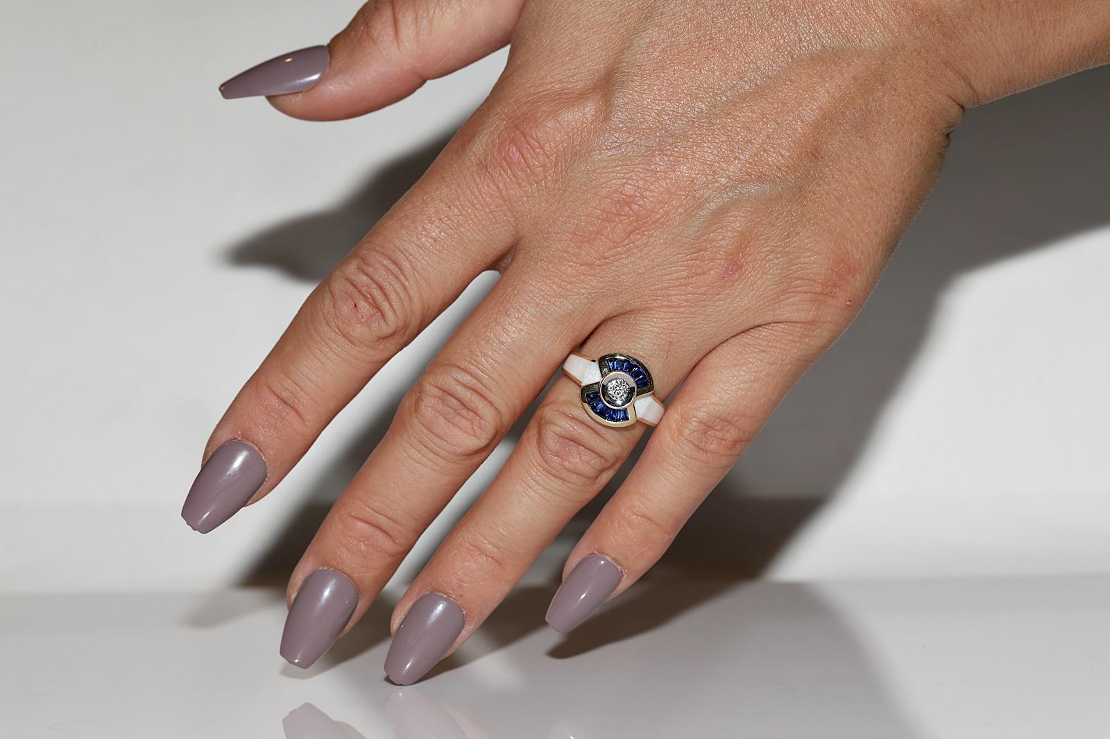 In very good condition.
Total weight is 5.3 grams.
Totally is diamond 0.15 ct.
The diamond is has G color and vs.
Totally is sapphire 0.75 ct.
Ring size is US 6.5 (We offer free resizing)
We can make any size.
Please contact for any questions.