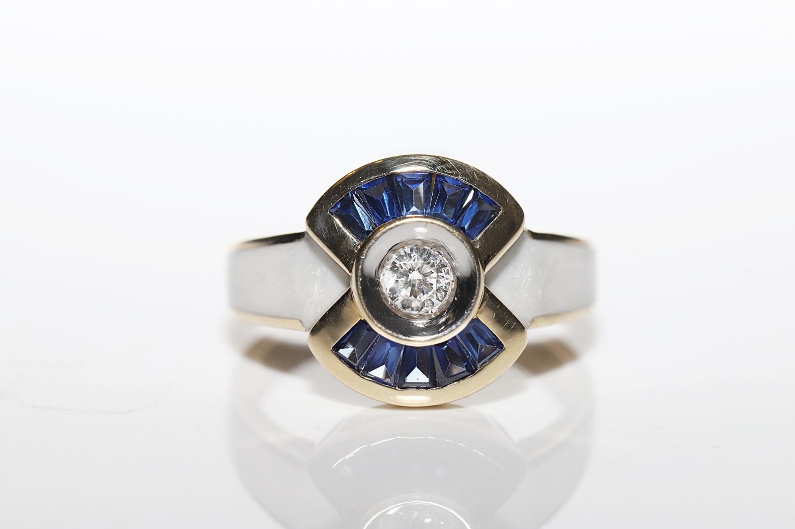  14k Gold Natürlicher Diamant und Kaliber-Saphir Dekorierter Emaille-Ring Damen im Angebot