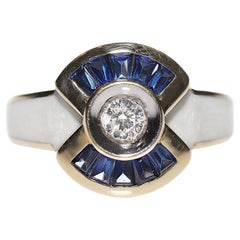  14k Gold Natural Diamond And Caliber Sapphire Decorated Enamel Ring