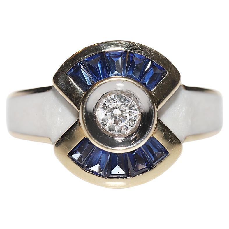 14k Gold Natural Diamond And Caliber Sapphire Decorated Enamel Ring