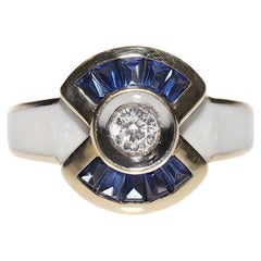 14k Gold Natural Diamond And Caliber Sapphire Decorated Enamel Ring