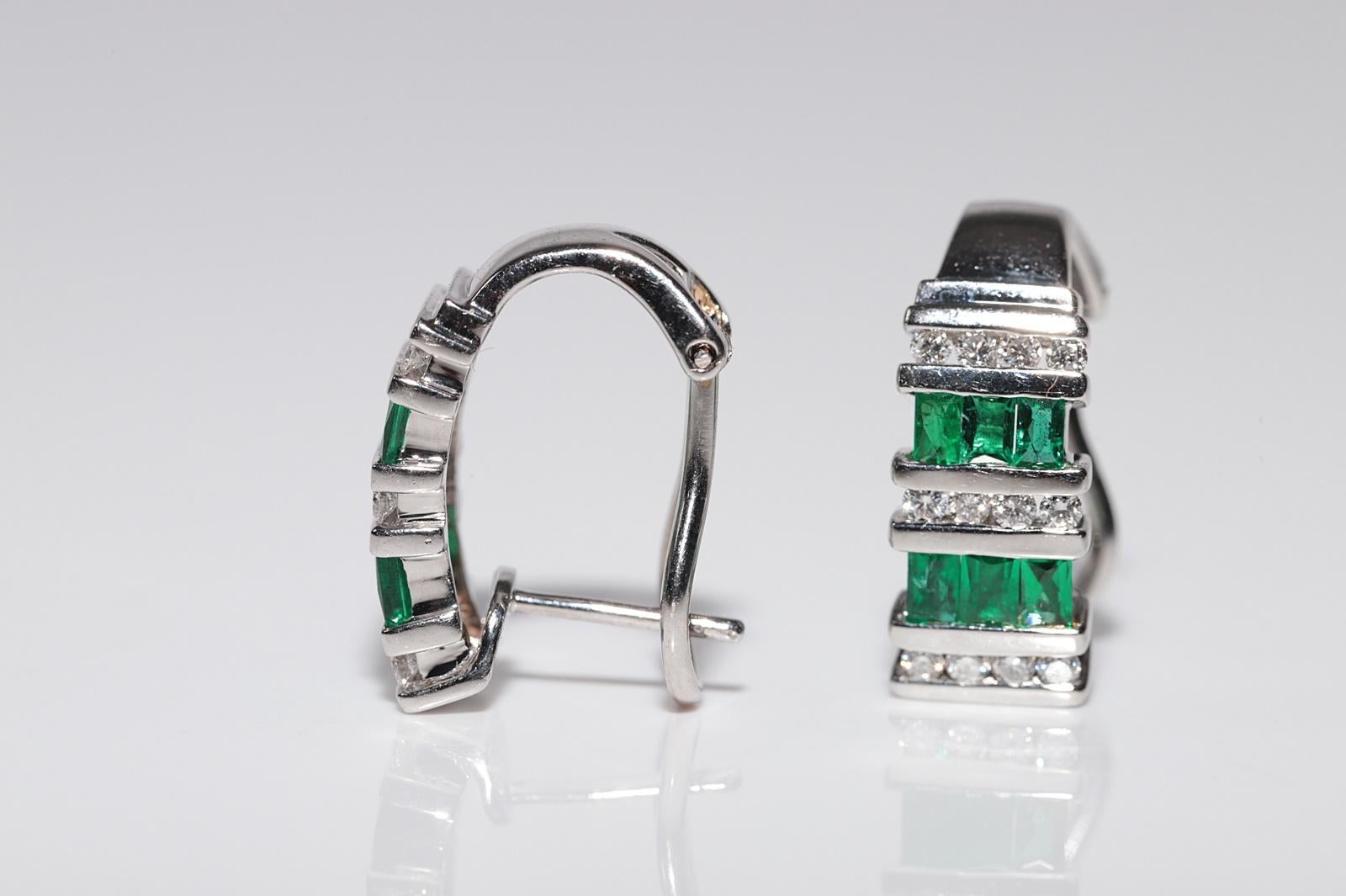 14k Gold Natural Diamond And Emerald Decorated Omega Back Earring For Sale 5
