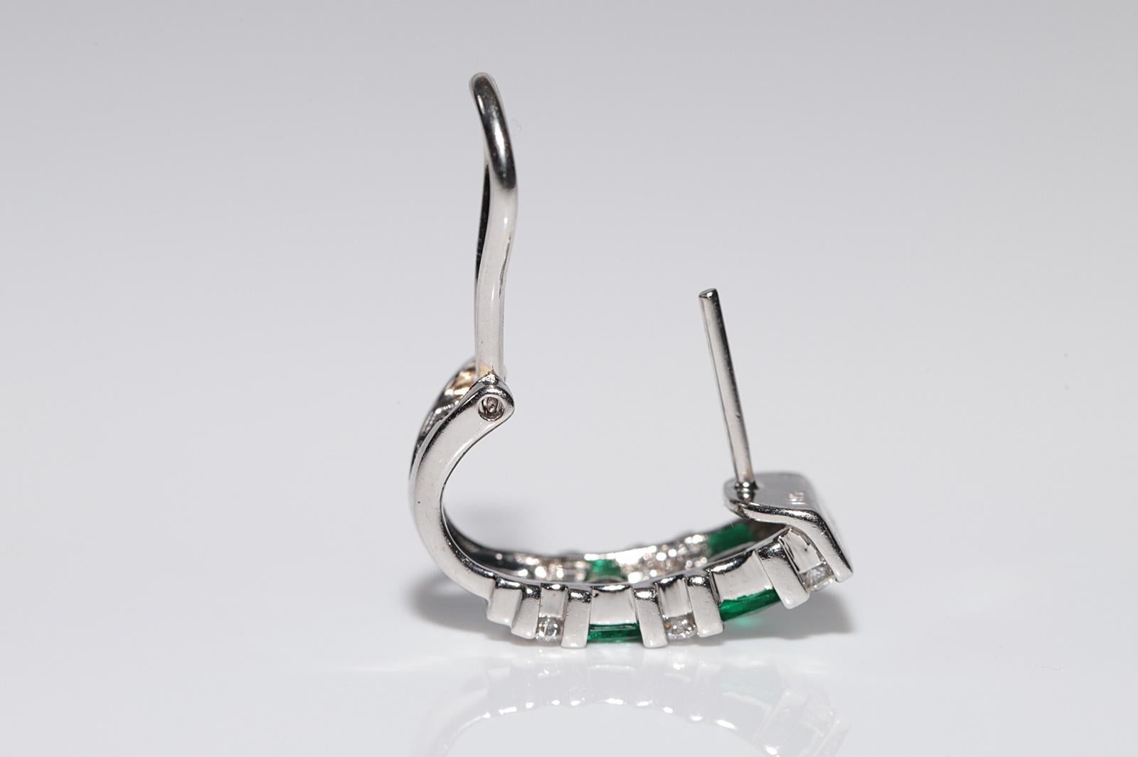 14k Gold Natural Diamond And Emerald Decorated Omega Back Earring For Sale 7