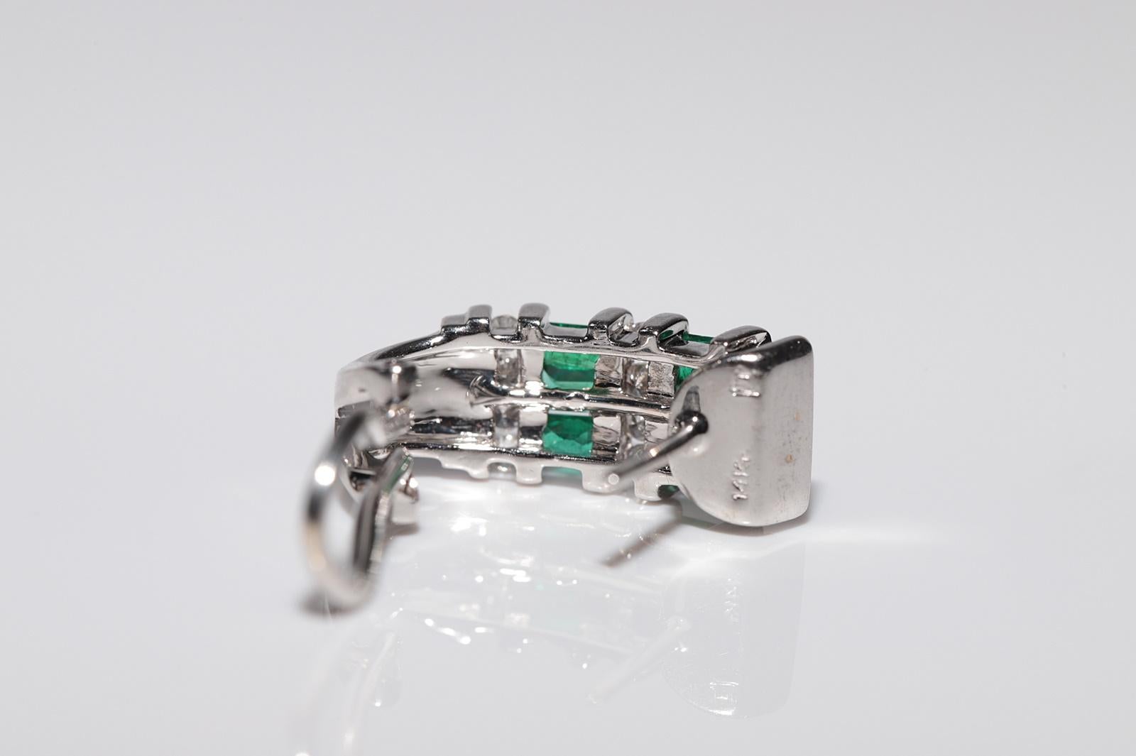 14k Gold Natural Diamond And Emerald Decorated Omega Back Earring For Sale 8