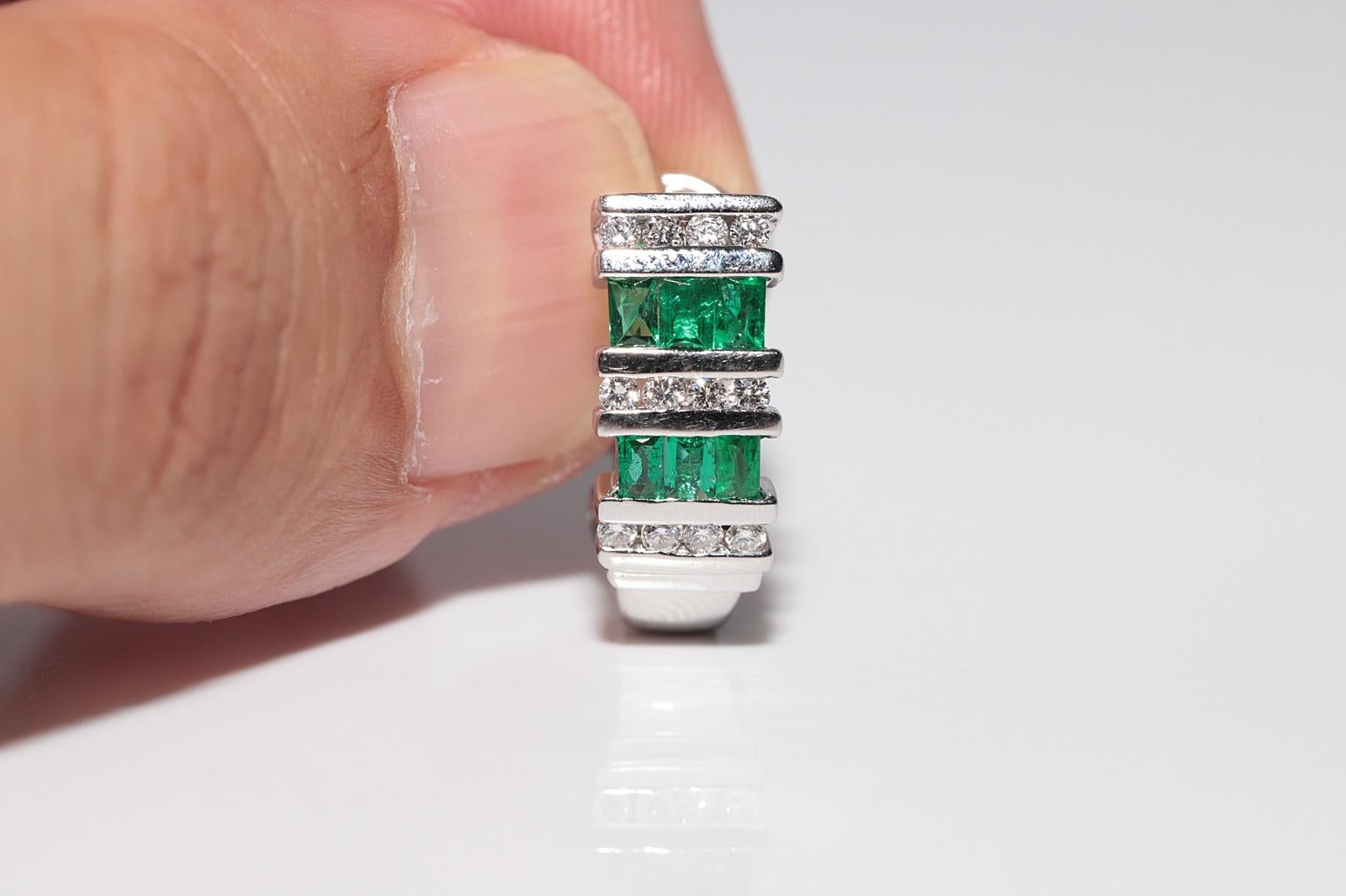 14k Gold Natural Diamond And Emerald Decorated Omega Back Earring For Sale 10
