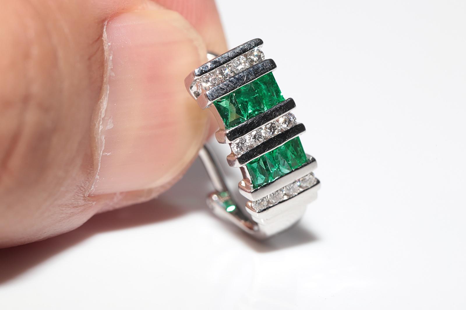 14k Gold Natural Diamond And Emerald Decorated Omega Back Earring For Sale 11