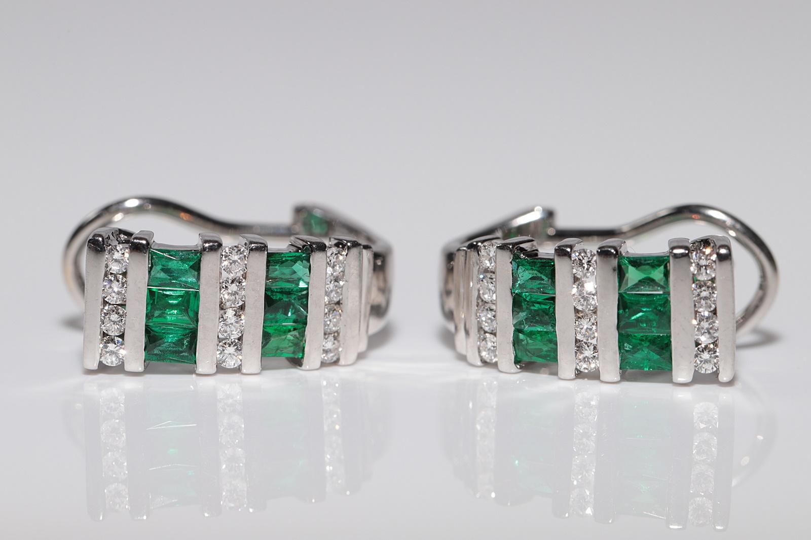Brilliant Cut 14k Gold Natural Diamond And Emerald Decorated Omega Back Earring For Sale