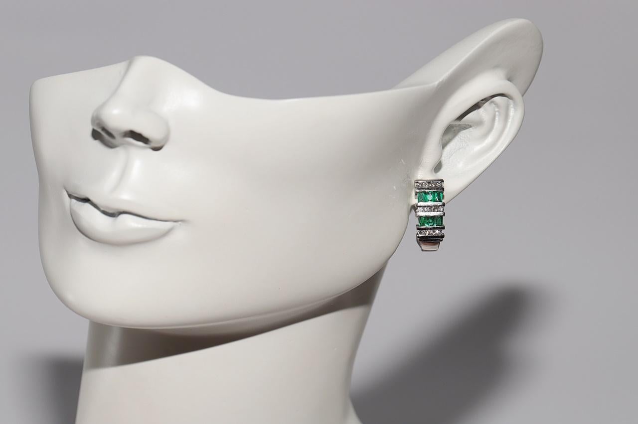 14k Gold Natural Diamond And Emerald Decorated Omega Back Earring For Sale 1
