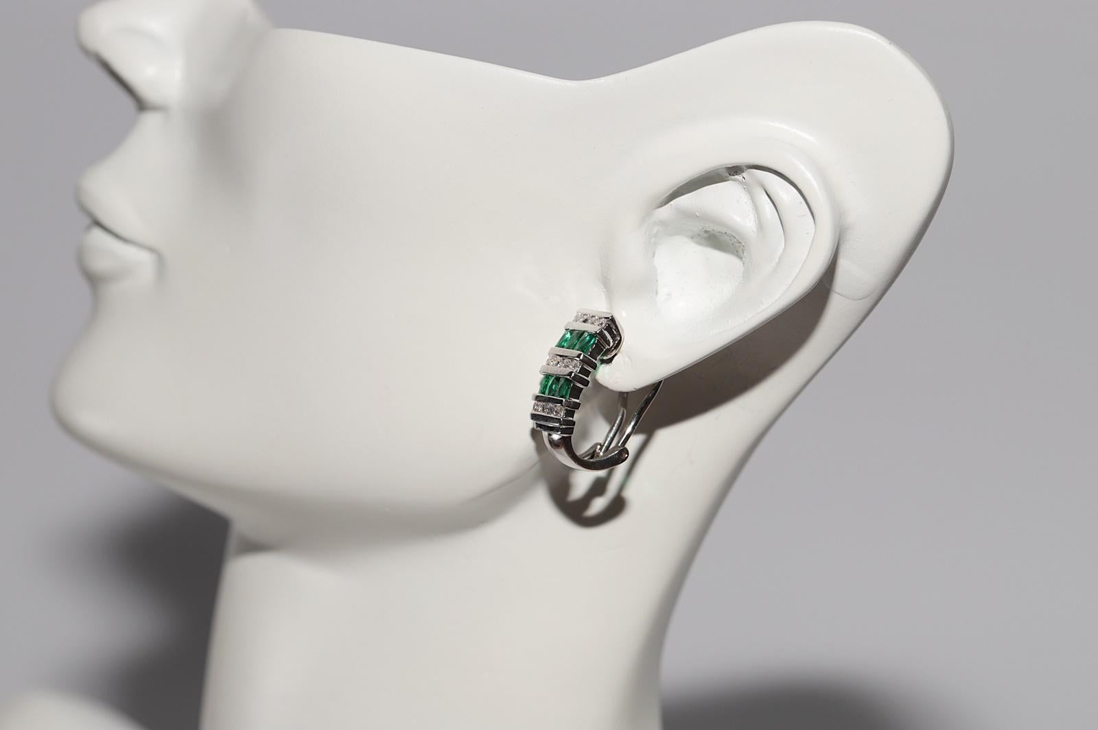 14k Gold Natural Diamond And Emerald Decorated Omega Back Earring For Sale 2