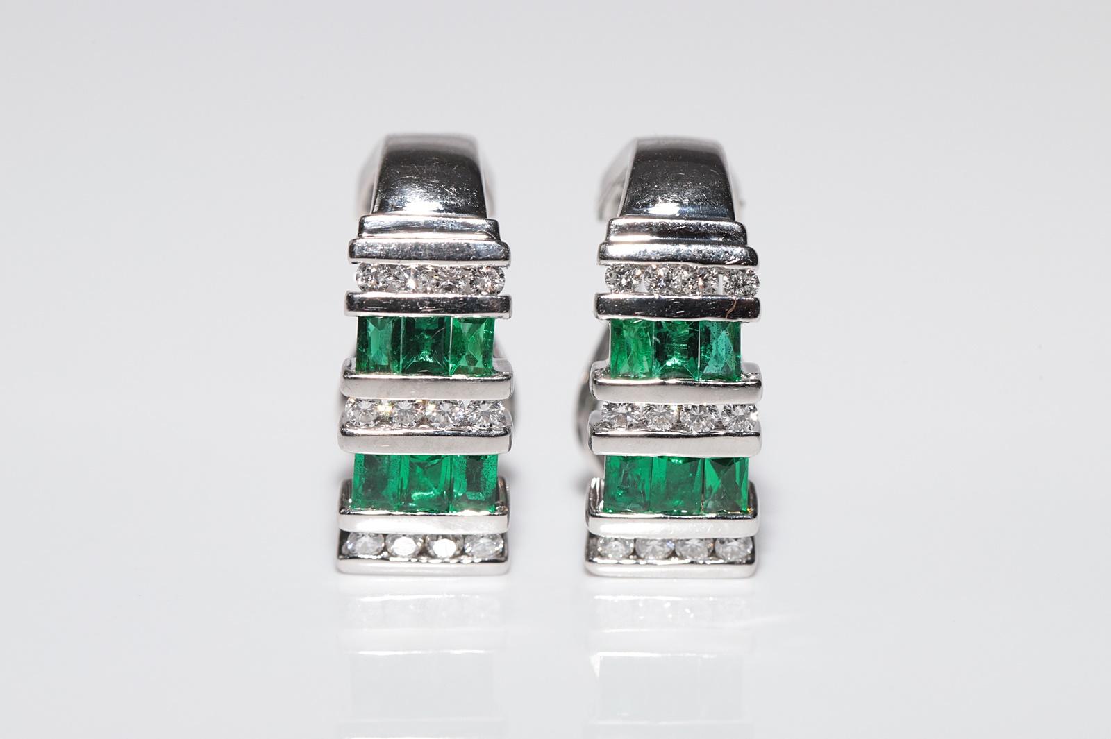 14k Gold Natural Diamond And Emerald Decorated Omega Back Earring For Sale 3
