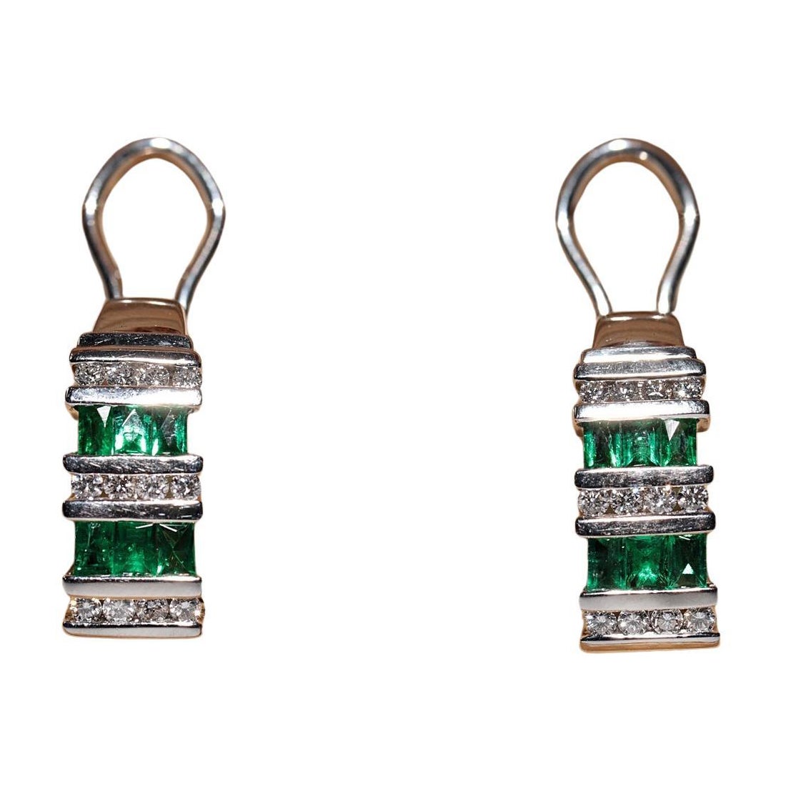14k Gold Natural Diamond And Emerald Decorated Omega Back Earring For Sale