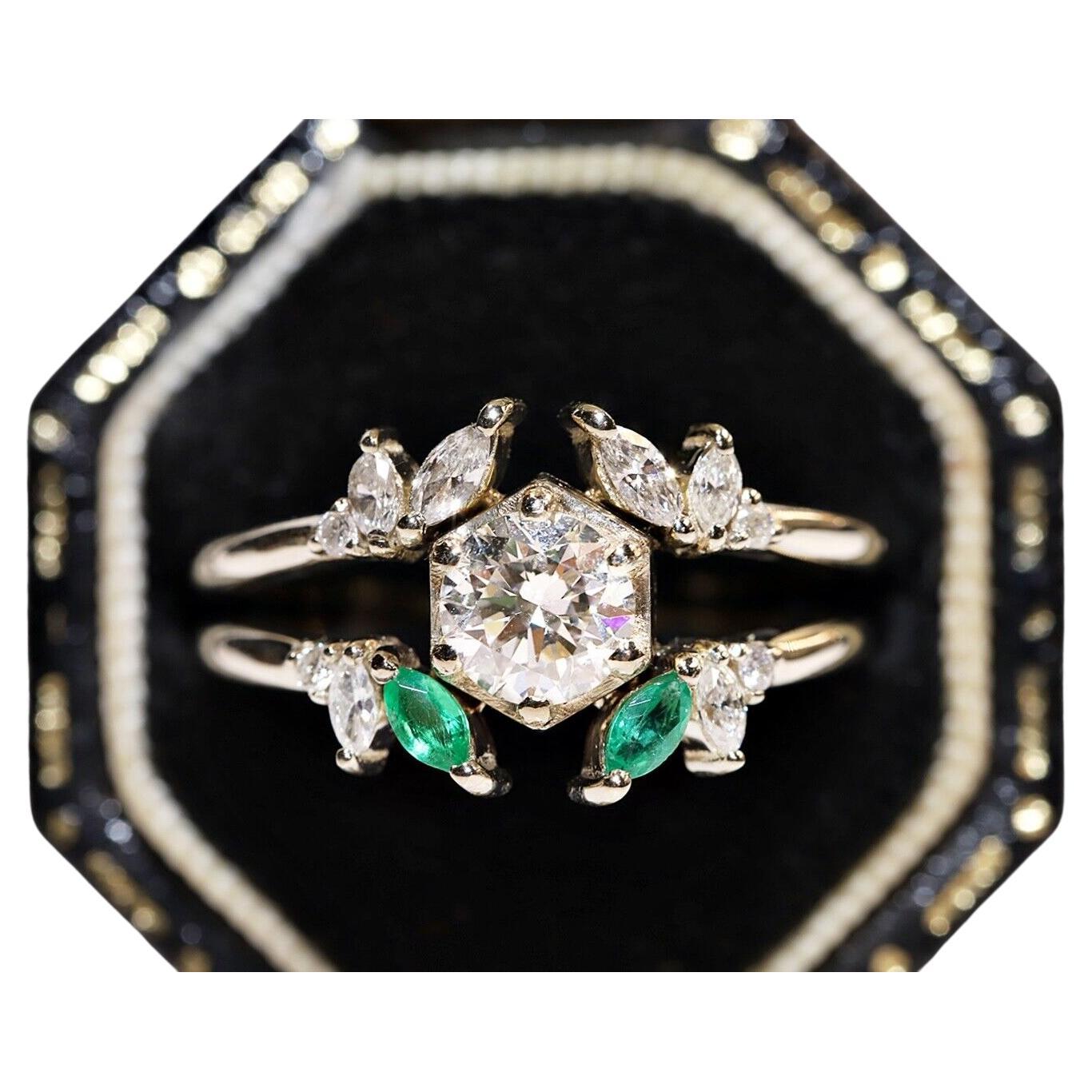 14k Gold Natural Diamond And Emerald Decorated Ring 