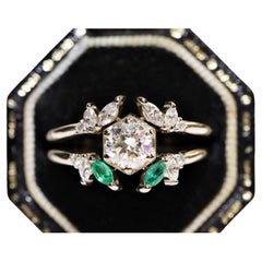14k Gold Natürlicher Diamant und Smaragd Dekorierter Ring 