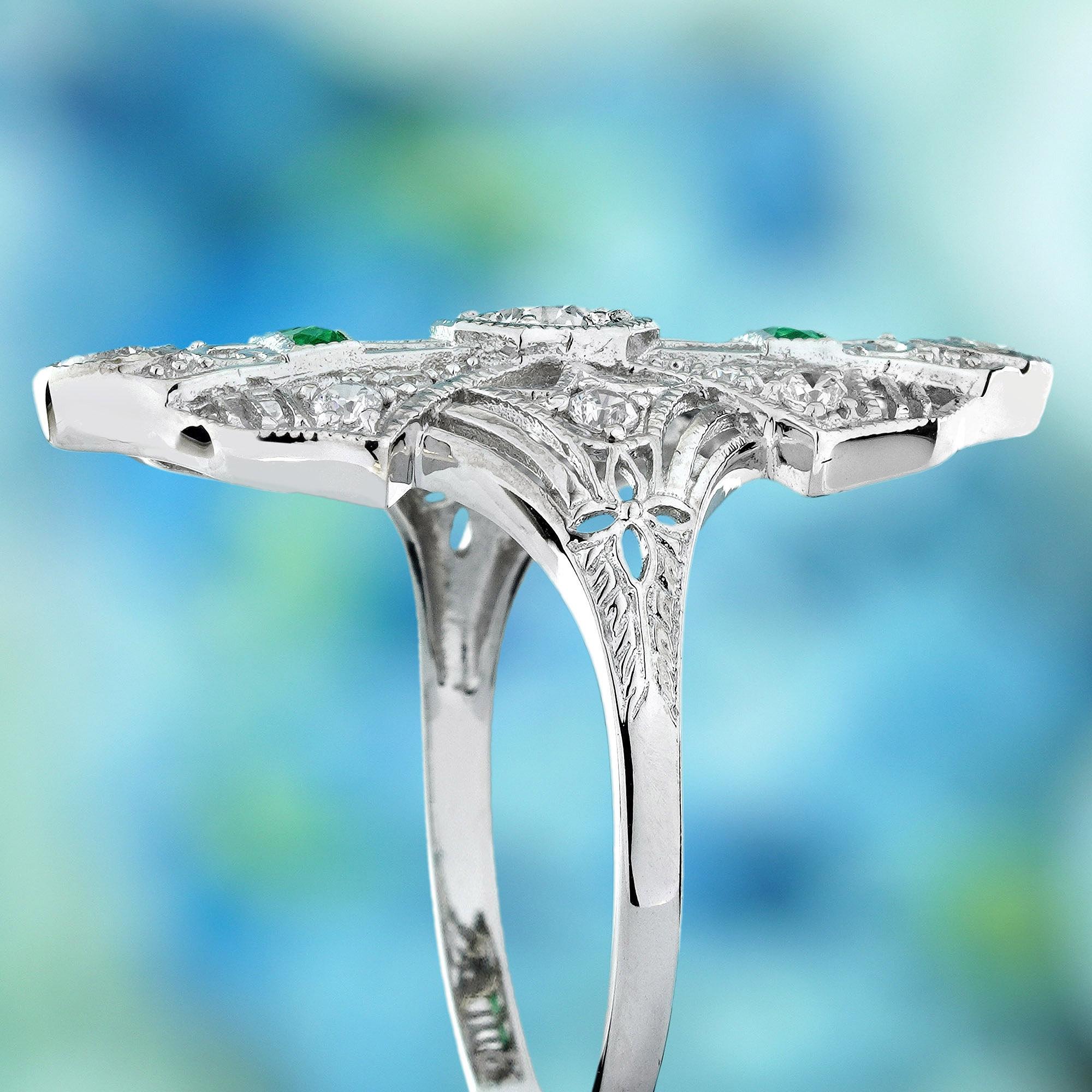 Or 14K, diamant naturel et émeraude, style vintage  Bague cocktail Pour femmes en vente