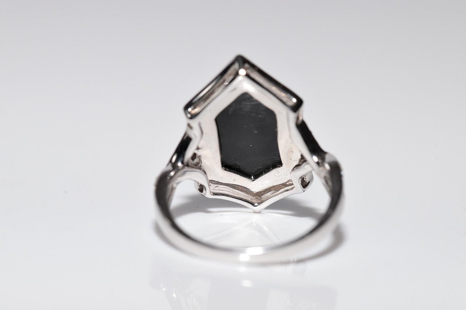 14k Gold Natürlicher Diamant und Onyx Dekorierter Navette-Ring im Angebot 4