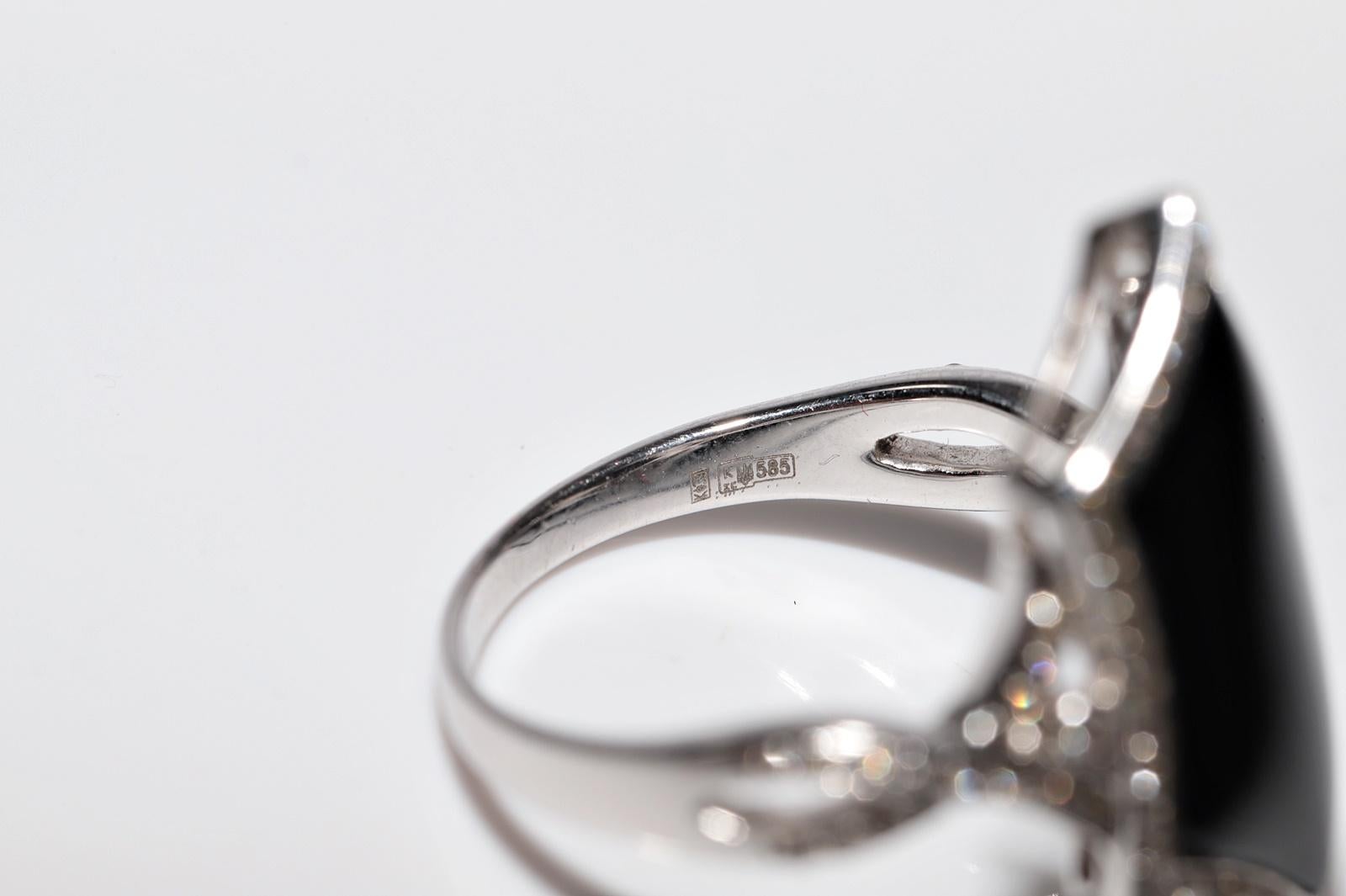 14k Gold Natürlicher Diamant und Onyx Dekorierter Navette-Ring im Angebot 5