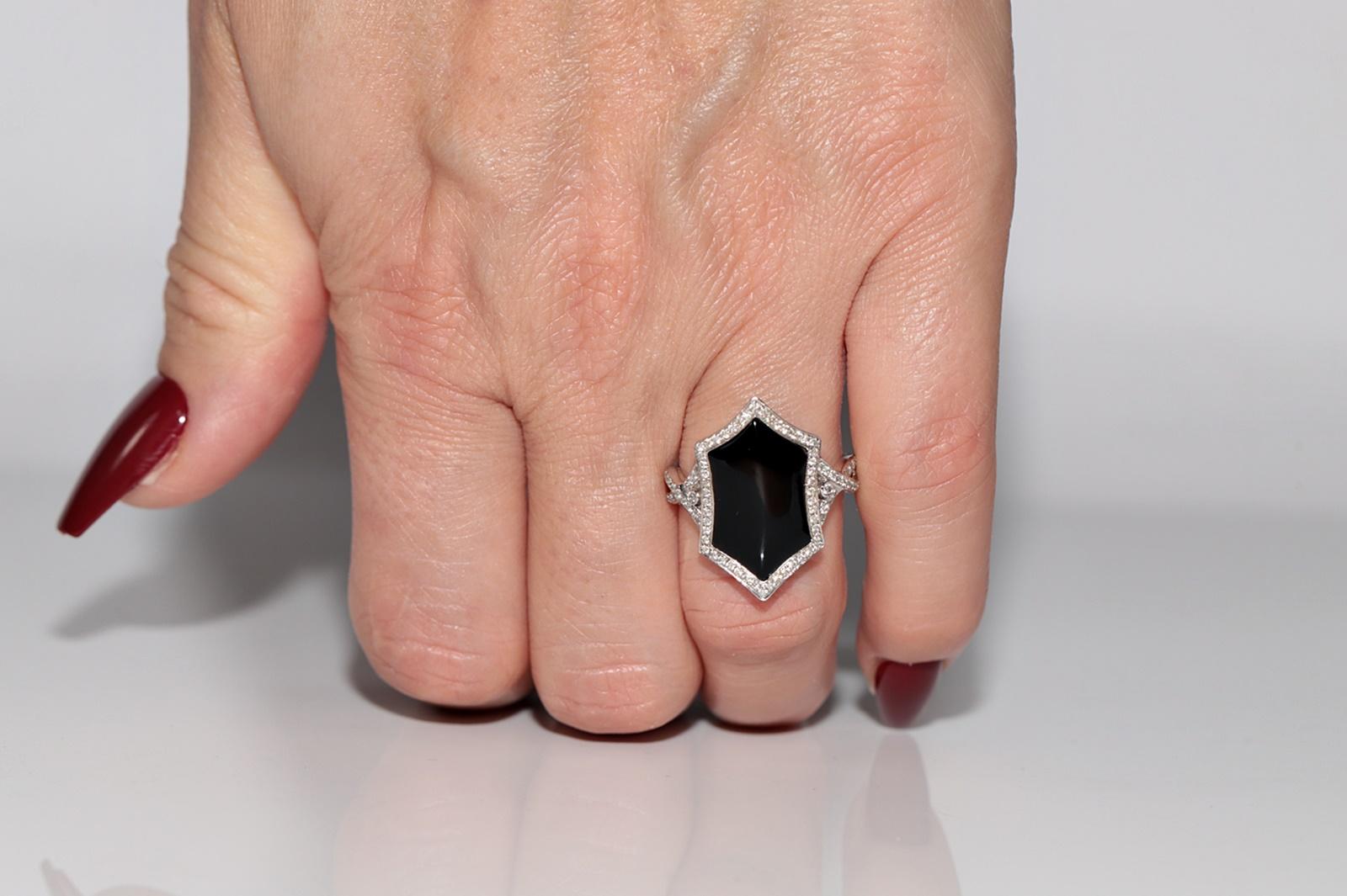 14k Gold Natürlicher Diamant und Onyx Dekorierter Navette-Ring im Angebot 8