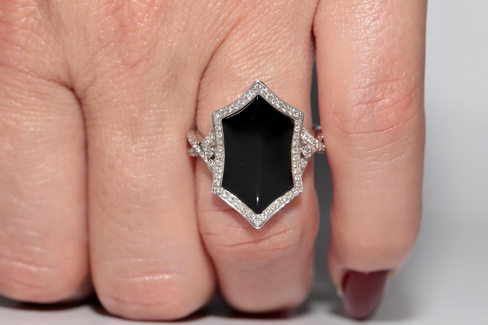 14k Gold Natürlicher Diamant und Onyx Dekorierter Navette-Ring im Angebot 9