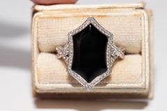 14k Gold Natural Diamond And Onyx Decorated Navette Ring