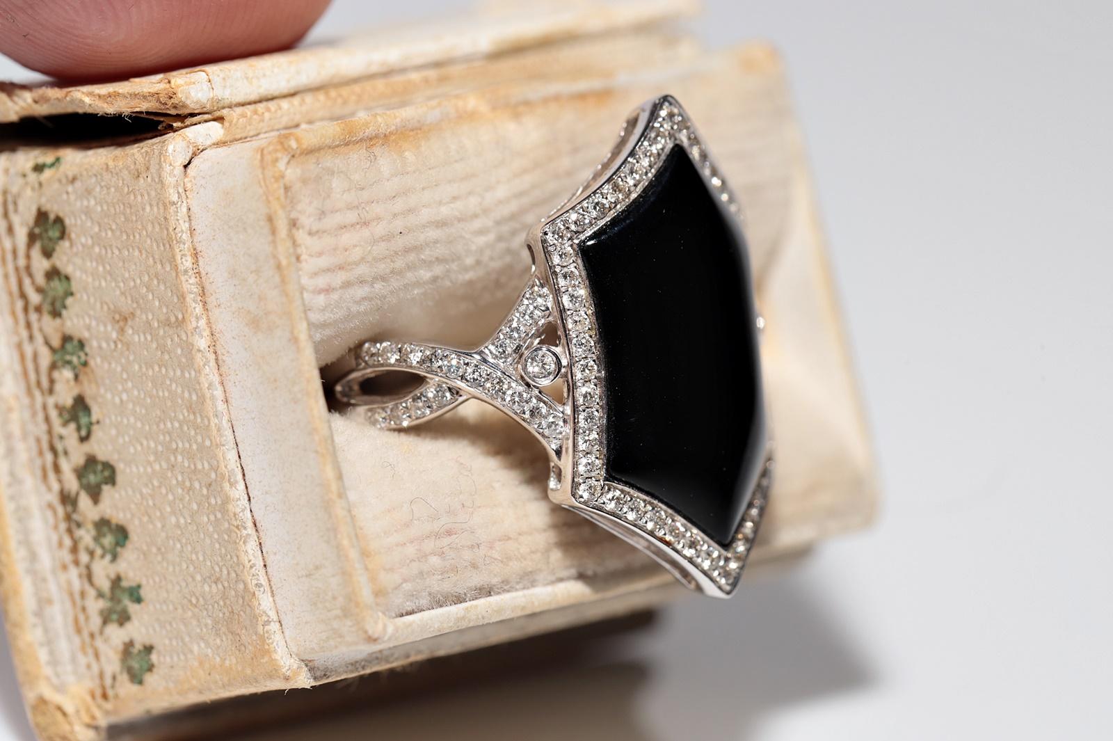 14k Gold Natürlicher Diamant und Onyx Dekorierter Navette-Ring (Moderne) im Angebot