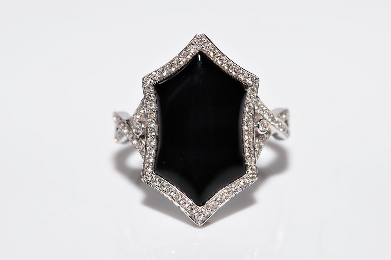 14k Gold Natürlicher Diamant und Onyx Dekorierter Navette-Ring (Brillantschliff) im Angebot