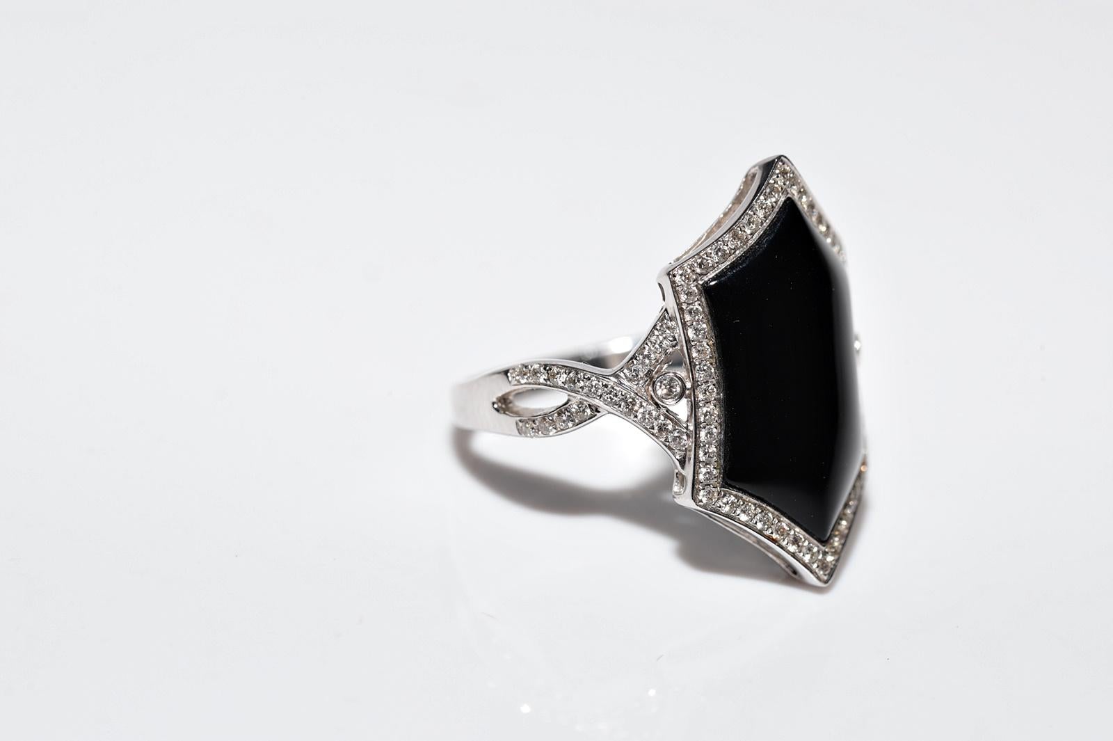 14k Gold Natürlicher Diamant und Onyx Dekorierter Navette-Ring im Angebot 1