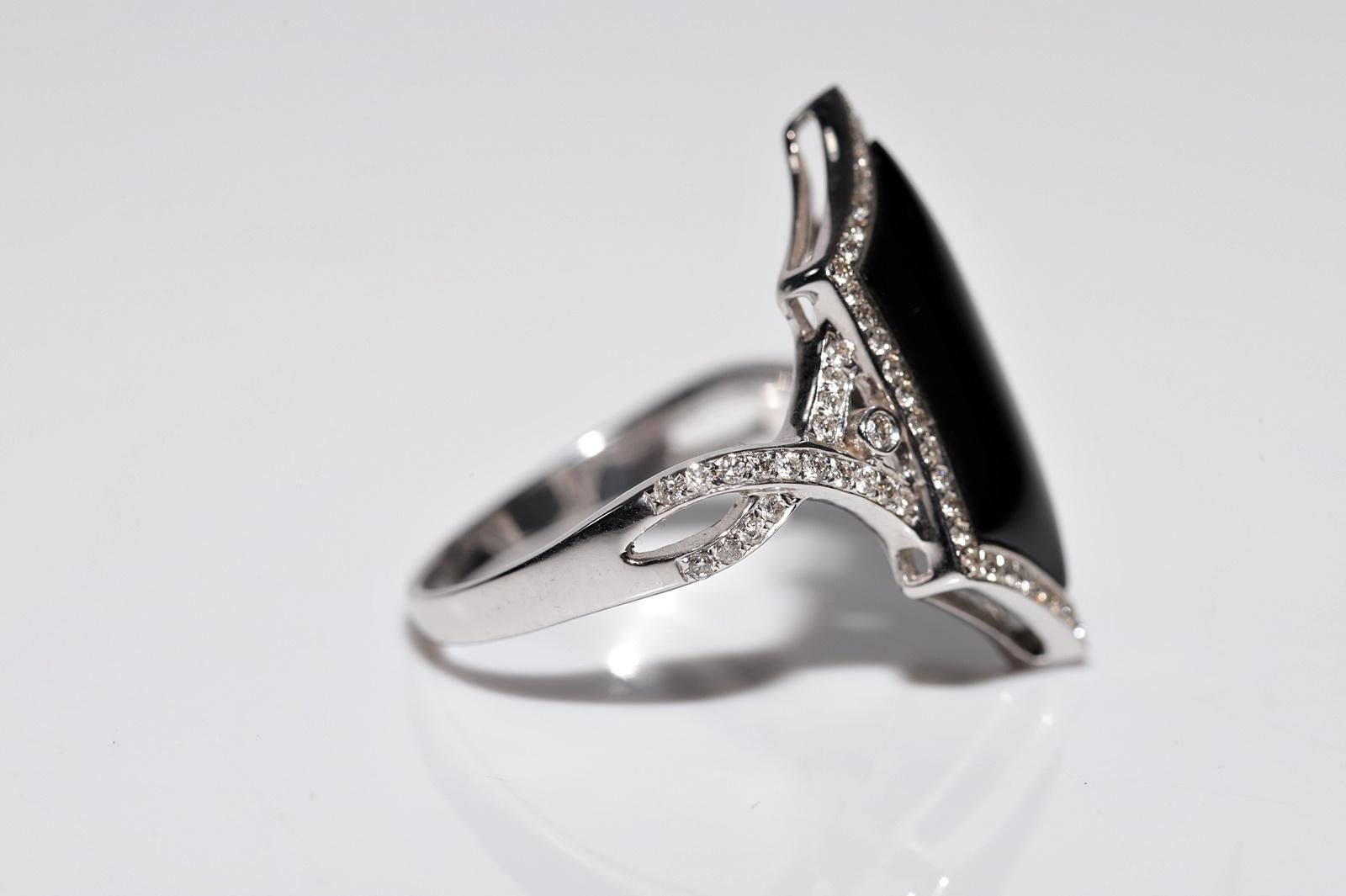 14k Gold Natürlicher Diamant und Onyx Dekorierter Navette-Ring im Angebot 2