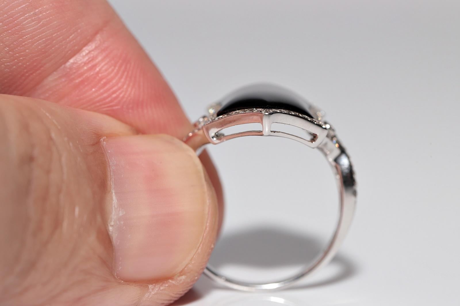 14k Gold Natürlicher Diamant und Onyx Dekorierter Navette-Ring im Angebot 3