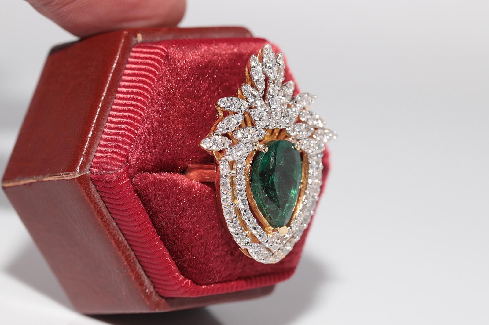 14k Gold Natürlicher Diamant und Smaragd im Birnenschliff Starker Erstaunlicher Ring im Angebot 1
