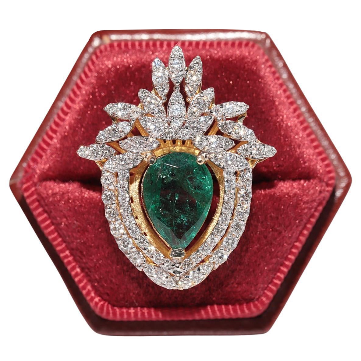 14k Gold Natürlicher Diamant und Smaragd im Birnenschliff Starker Erstaunlicher Ring im Angebot