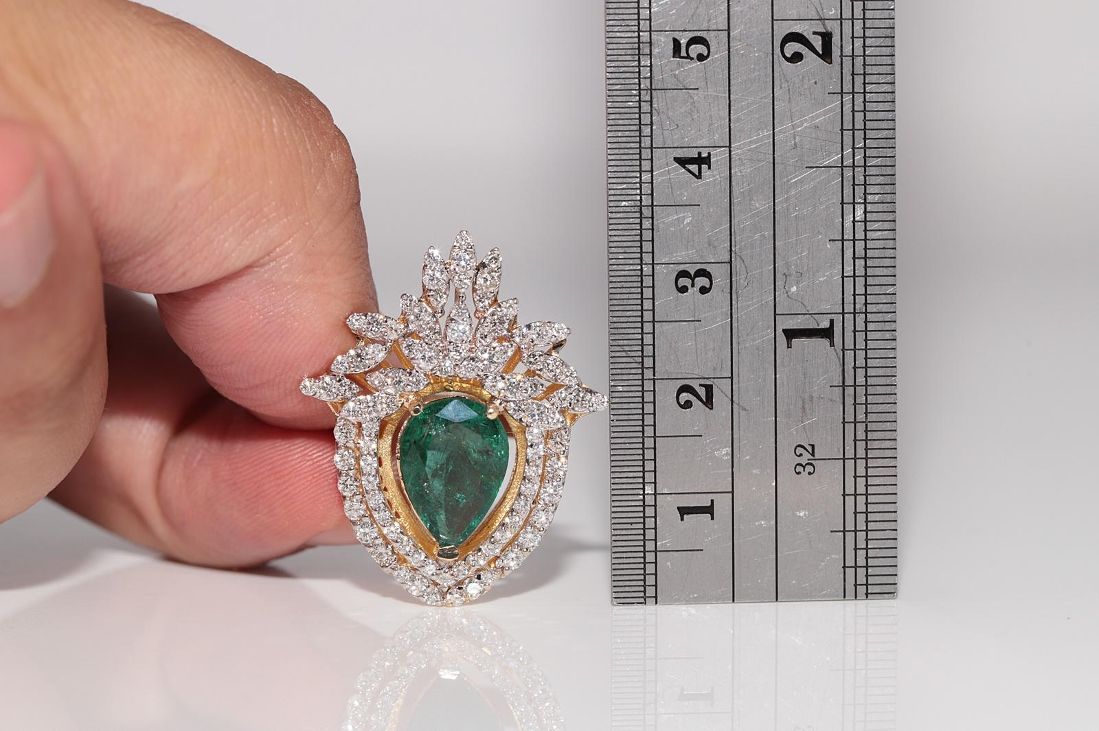 14k Gold Natural Diamond And Pear Cut Emerald Strong Ring For Sale 9