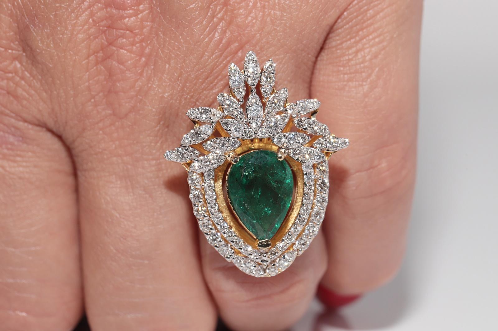 Brilliant Cut 14k Gold Natural Diamond And Pear Cut Emerald Strong Ring For Sale