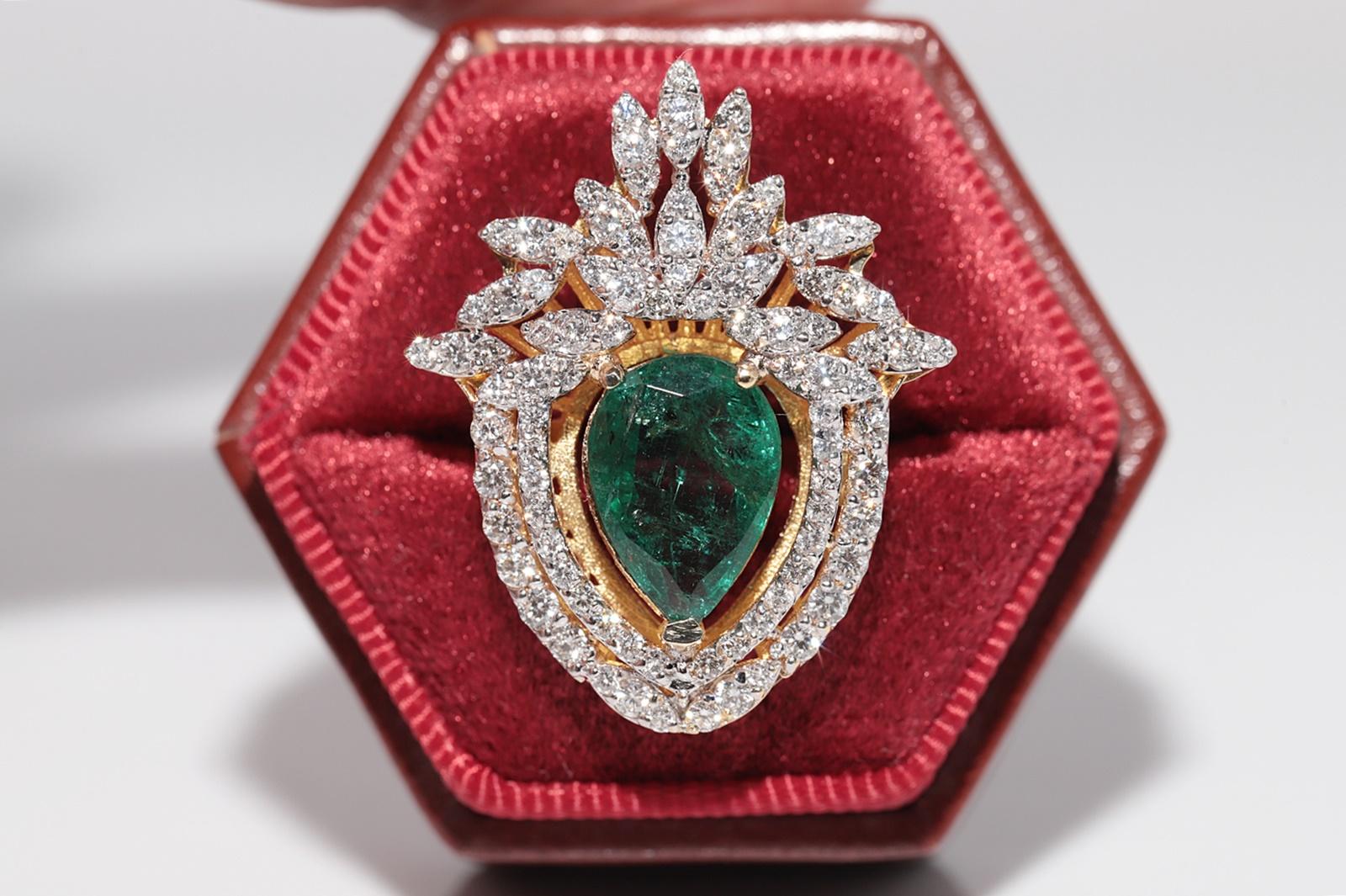 Women's or Men's 14k Gold Natural Diamond And Pear Cut Emerald Strong Ring For Sale