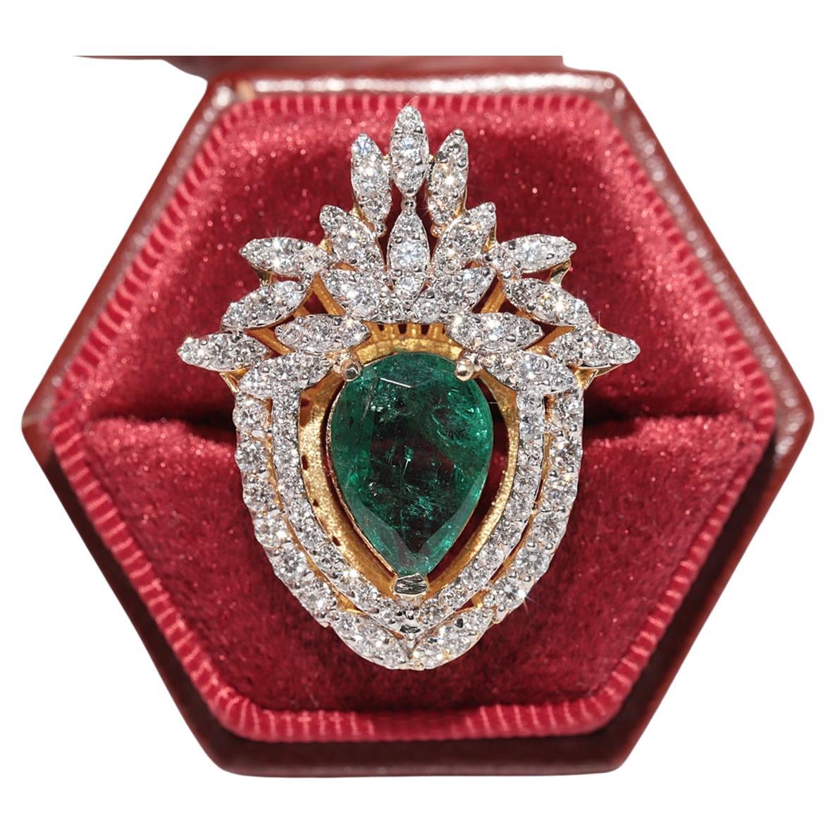 14k Gold Natural Diamond And Pear Cut Emerald Strong Ring For Sale