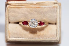 14k Gold Natürlicher Diamant und Rubin im Birnenschliff dekorierter Ring