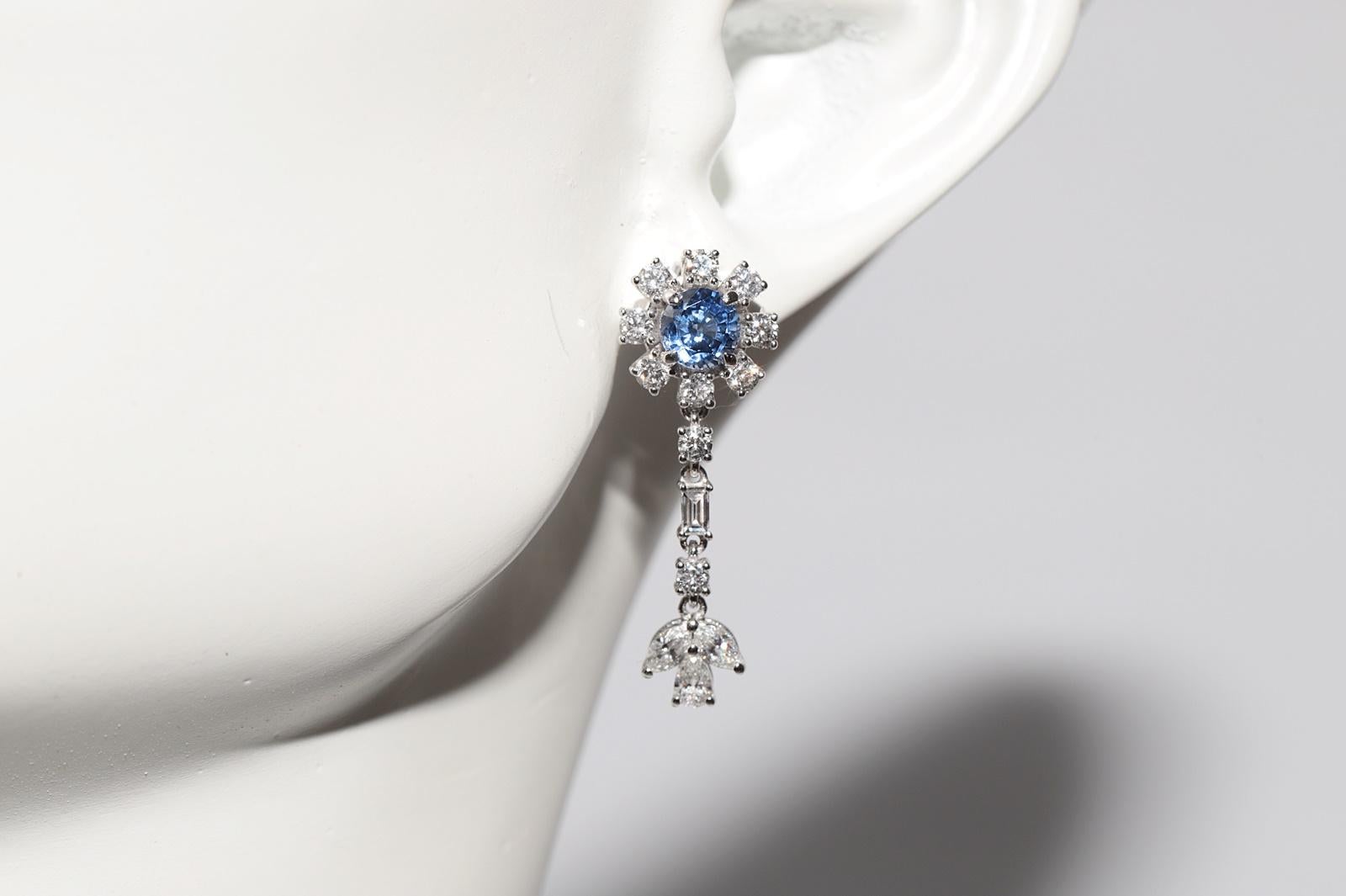 14k Gold Natural Diamond And Sapphire Decorated Drop Earring For Sale 6