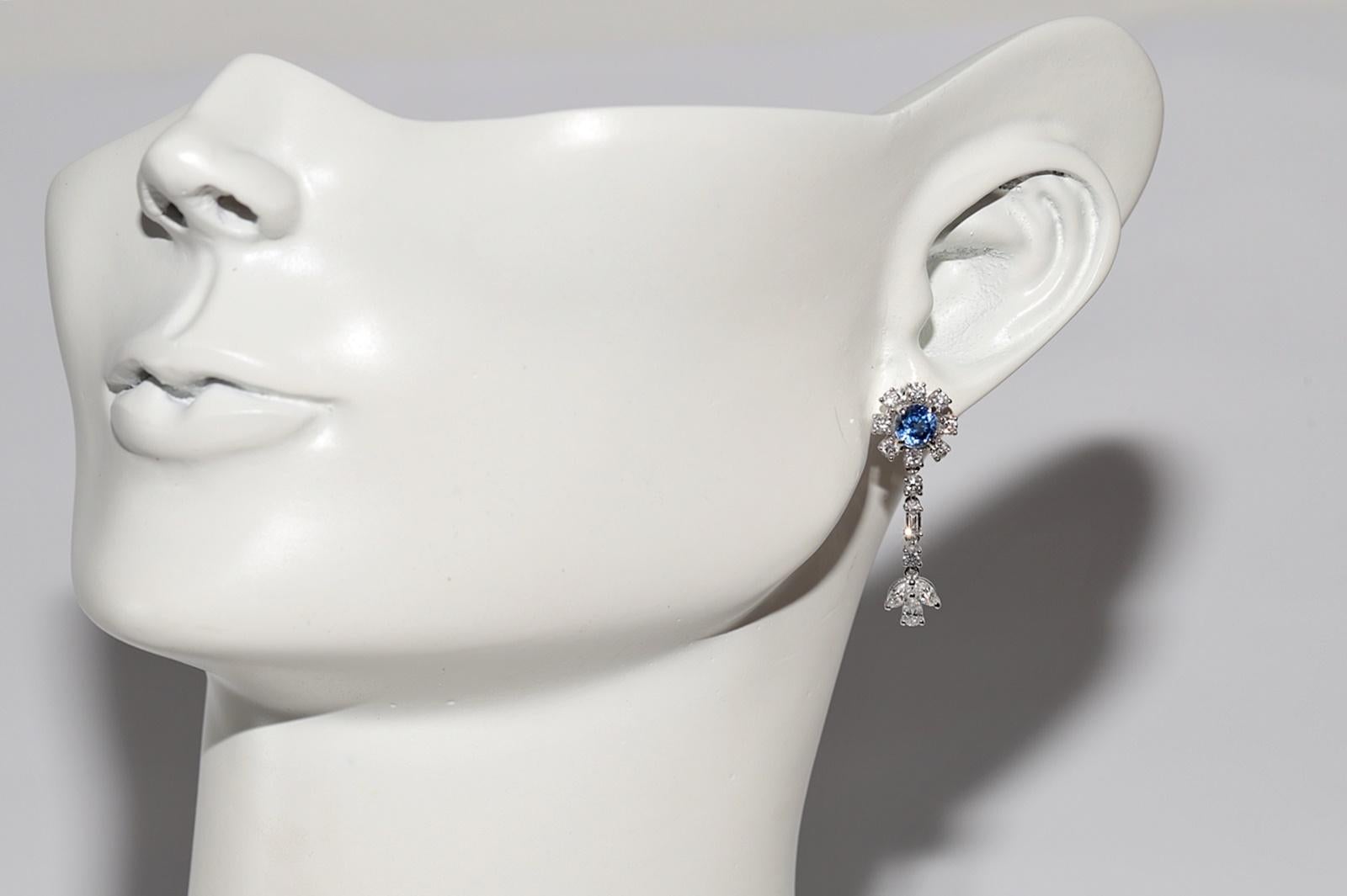 14k Gold Natural Diamond And Sapphire Decorated Drop Earring For Sale 7