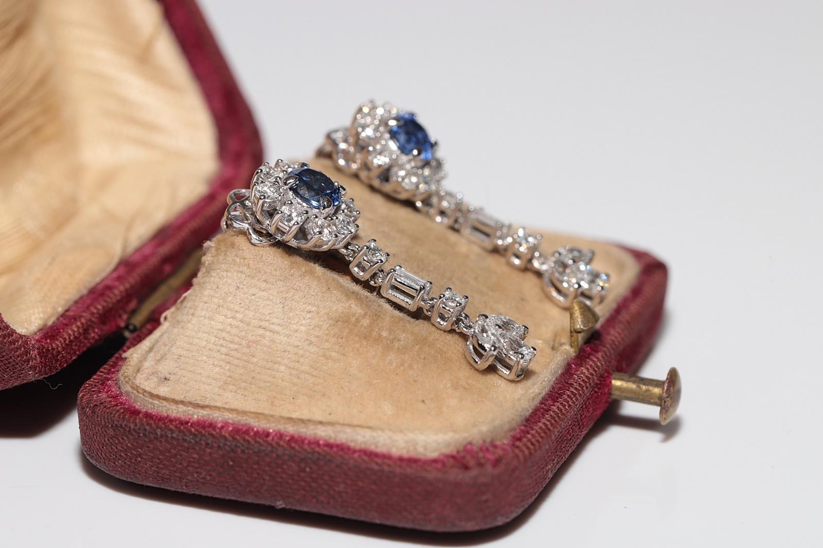 Modern 14k Gold Natural Diamond And Sapphire Decorated Drop Earring For Sale