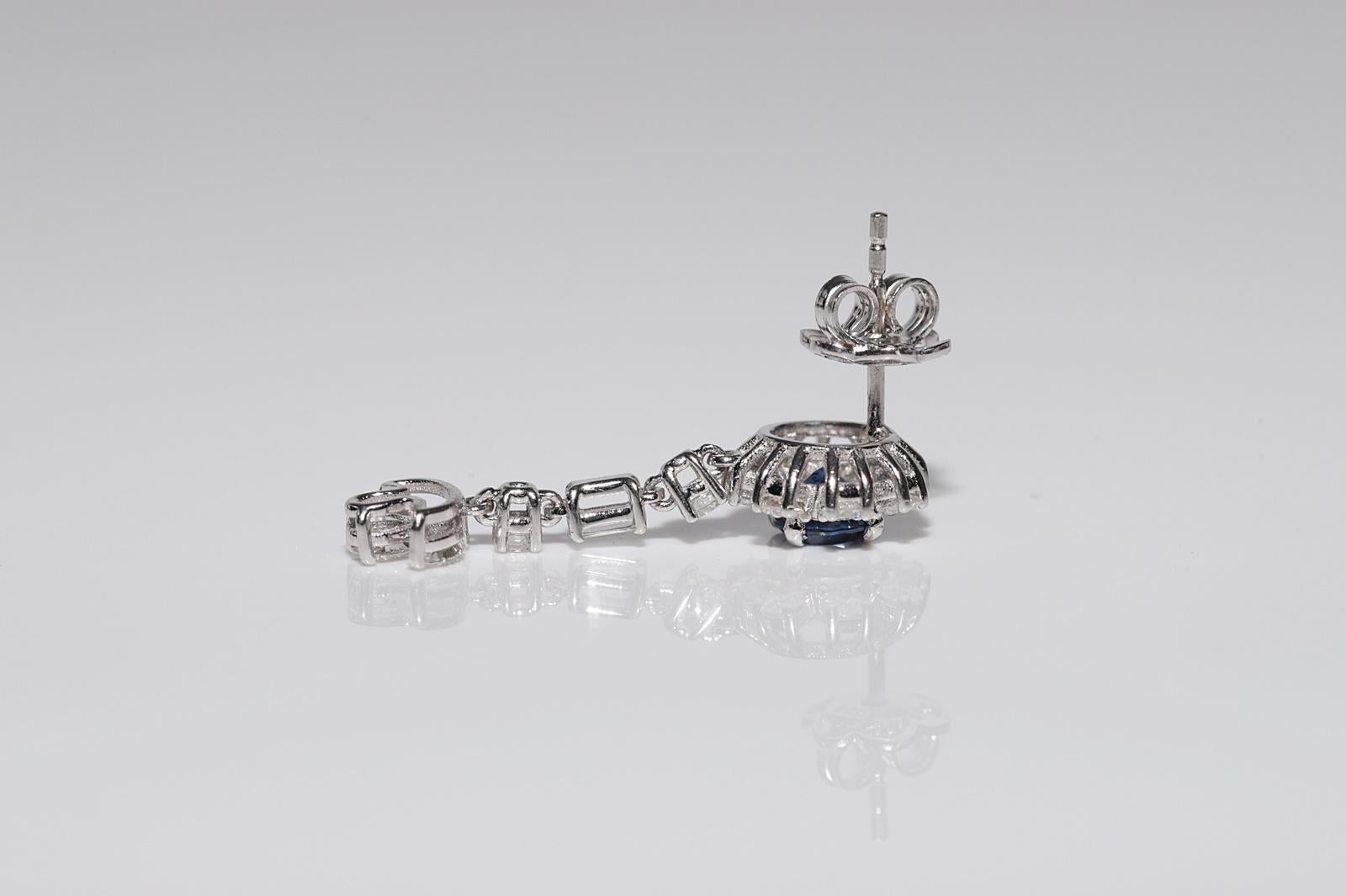 14k Gold Natural Diamond And Sapphire Decorated Drop Earring For Sale 2