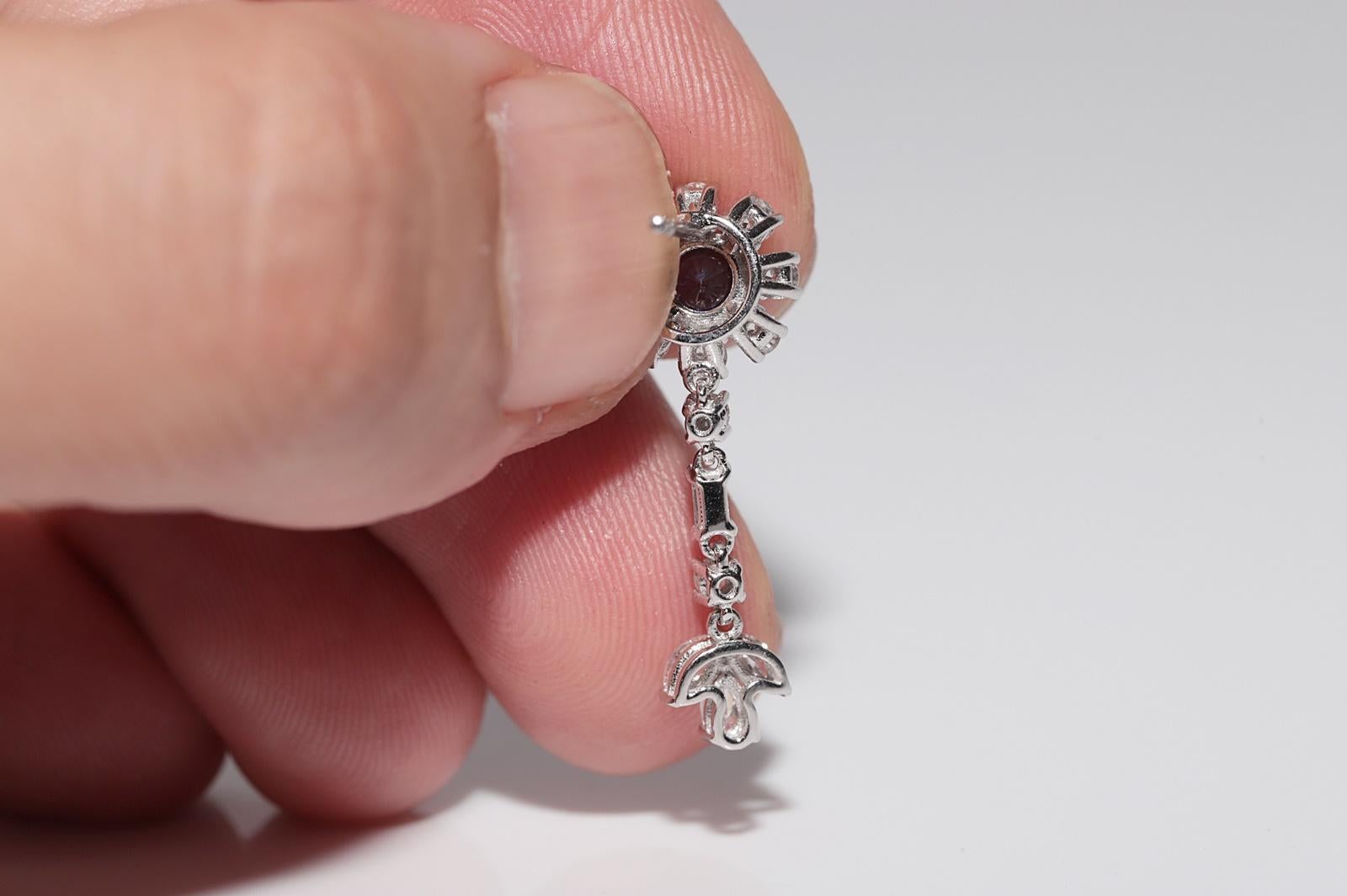 14k Gold Natural Diamond And Sapphire Decorated Drop Earring For Sale 3