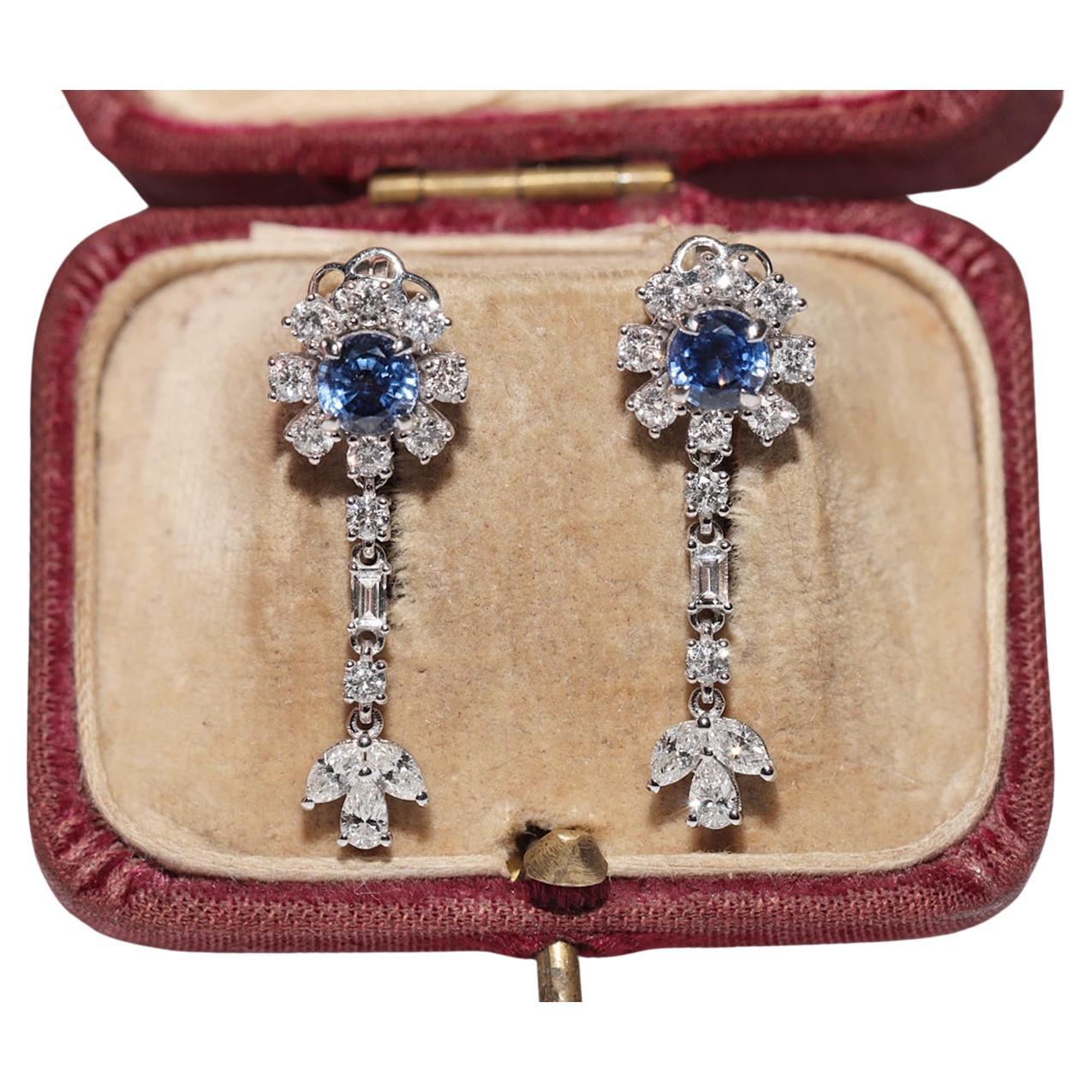 14k Gold Natural Diamond And Sapphire Decorated Drop Earring