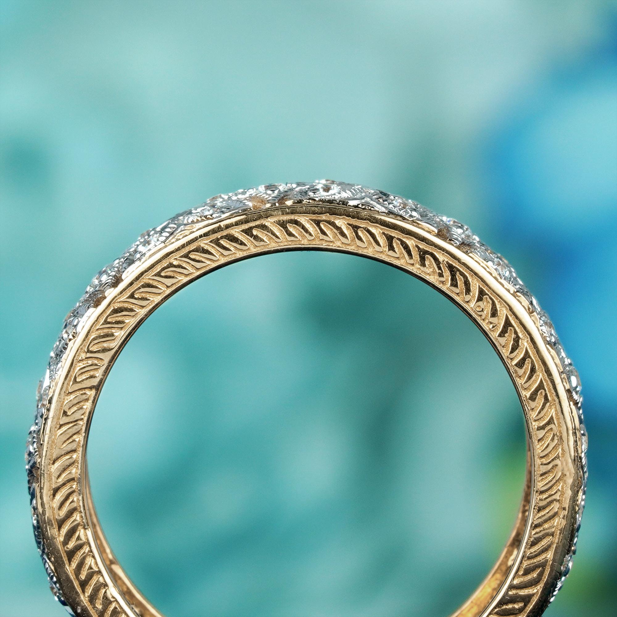 14K Gold Natürlicher Diamant Vintage Style Filigran Eternity Band  Ring im Zustand „Neu“ im Angebot in Bangkok, TH