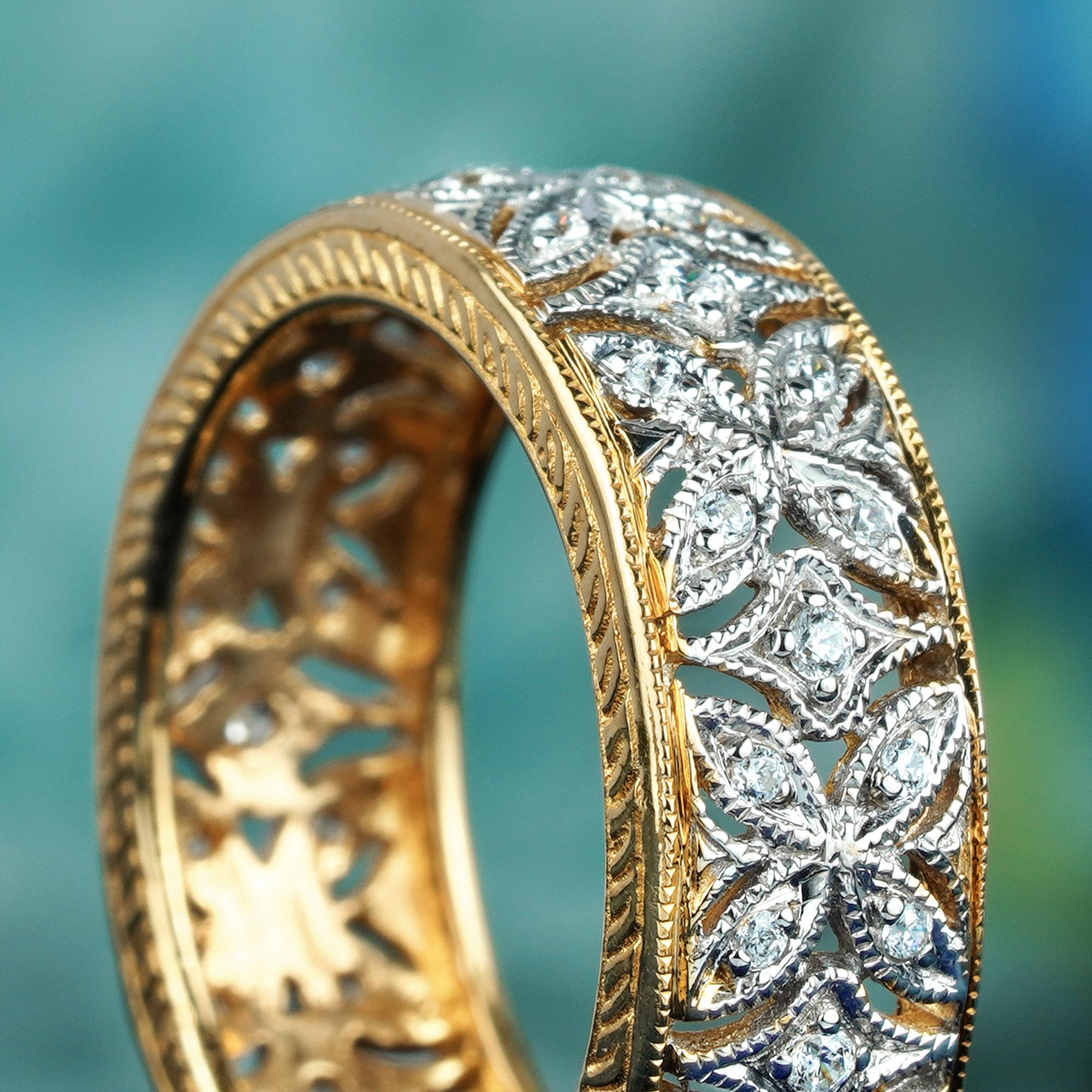14K Gold Natürlicher Diamant Vintage Style Filigran Eternity Band  Ring Damen im Angebot