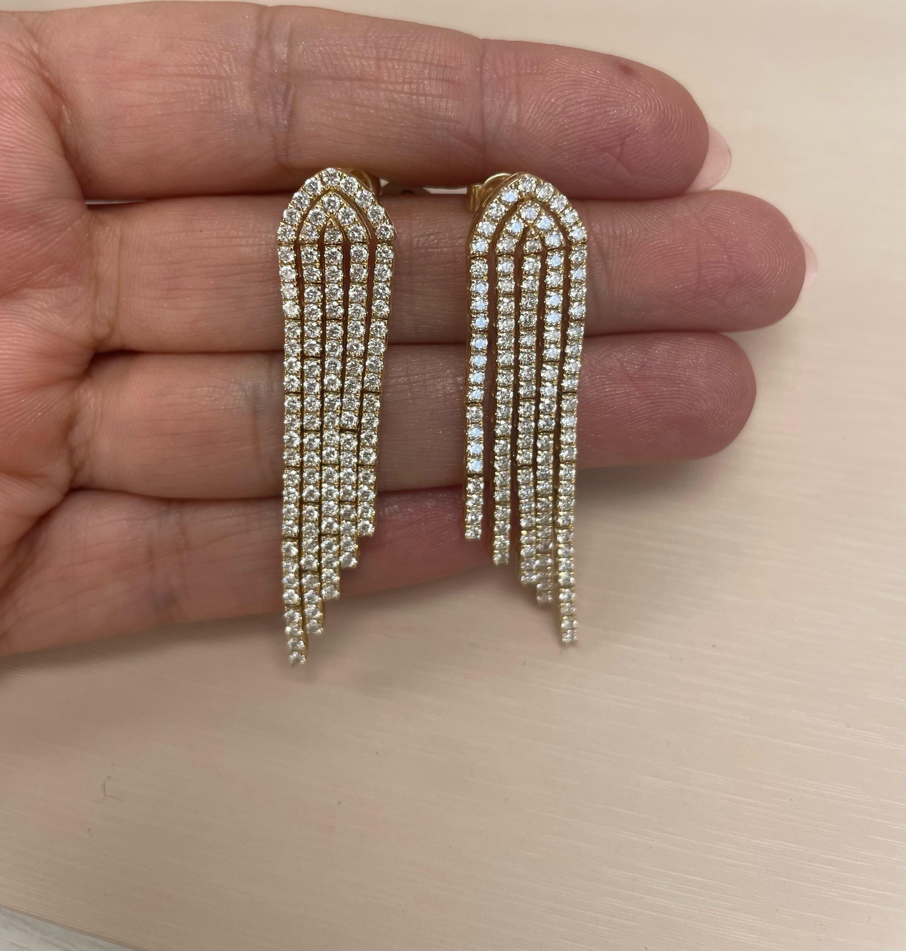 Round Cut 14K Gold Natural Diamond Waterfall Drop Earrings 4cttw 2-inches For Sale