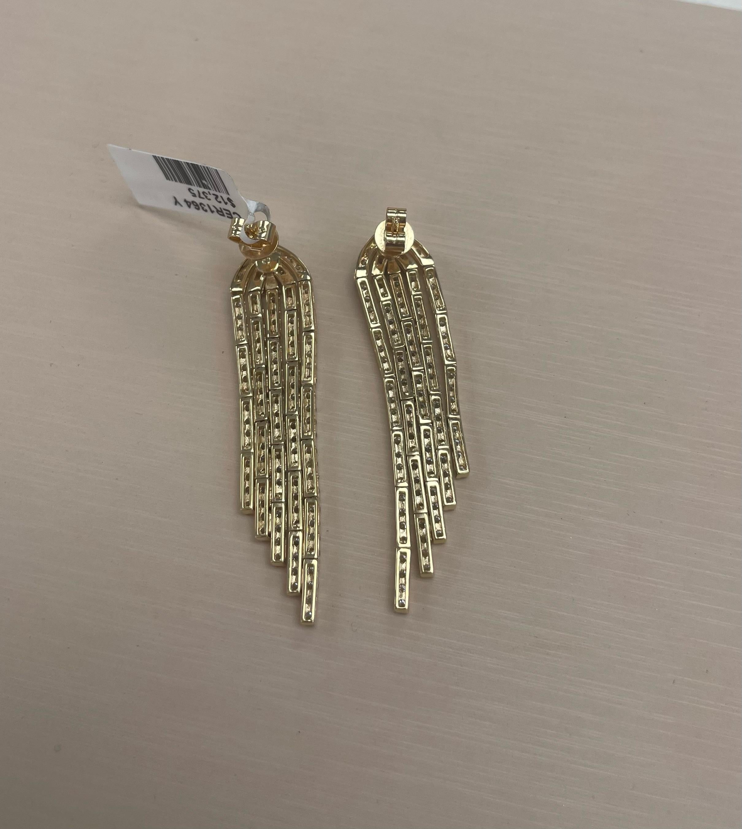 Women's 14K Gold Natural Diamond Waterfall Drop Earrings 4cttw 2-inches For Sale