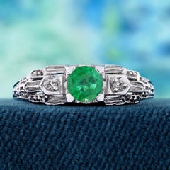 14K Gold Natural Emerald and Diamond Art Deco Style Engagement Ring